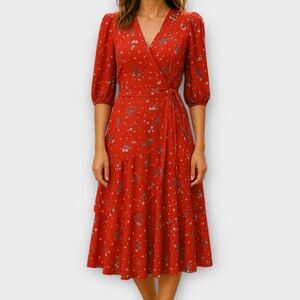 CHELSEA28 Floral Dot Print Tiered Wrap Dress in Dusty Red SZ 6